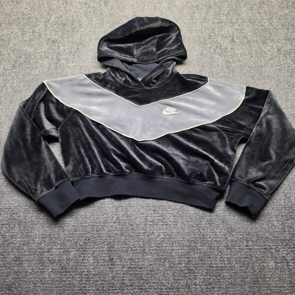 Nike Sportswear Heritage Velour Cropped Hoodie Black Grey BV5054-010 Mens Medium
